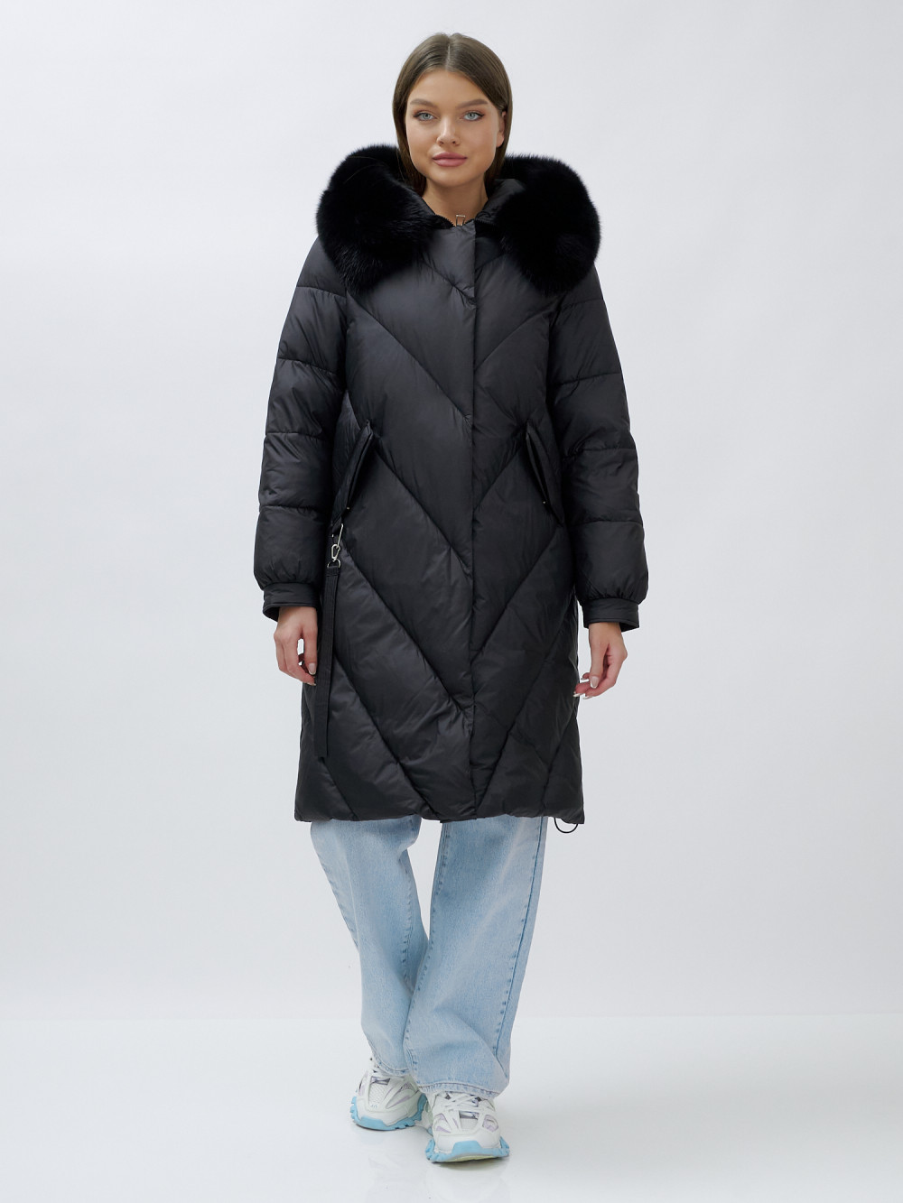 Пальто женское зимние с мехом песец люкс класса черного цвета 1316Ch