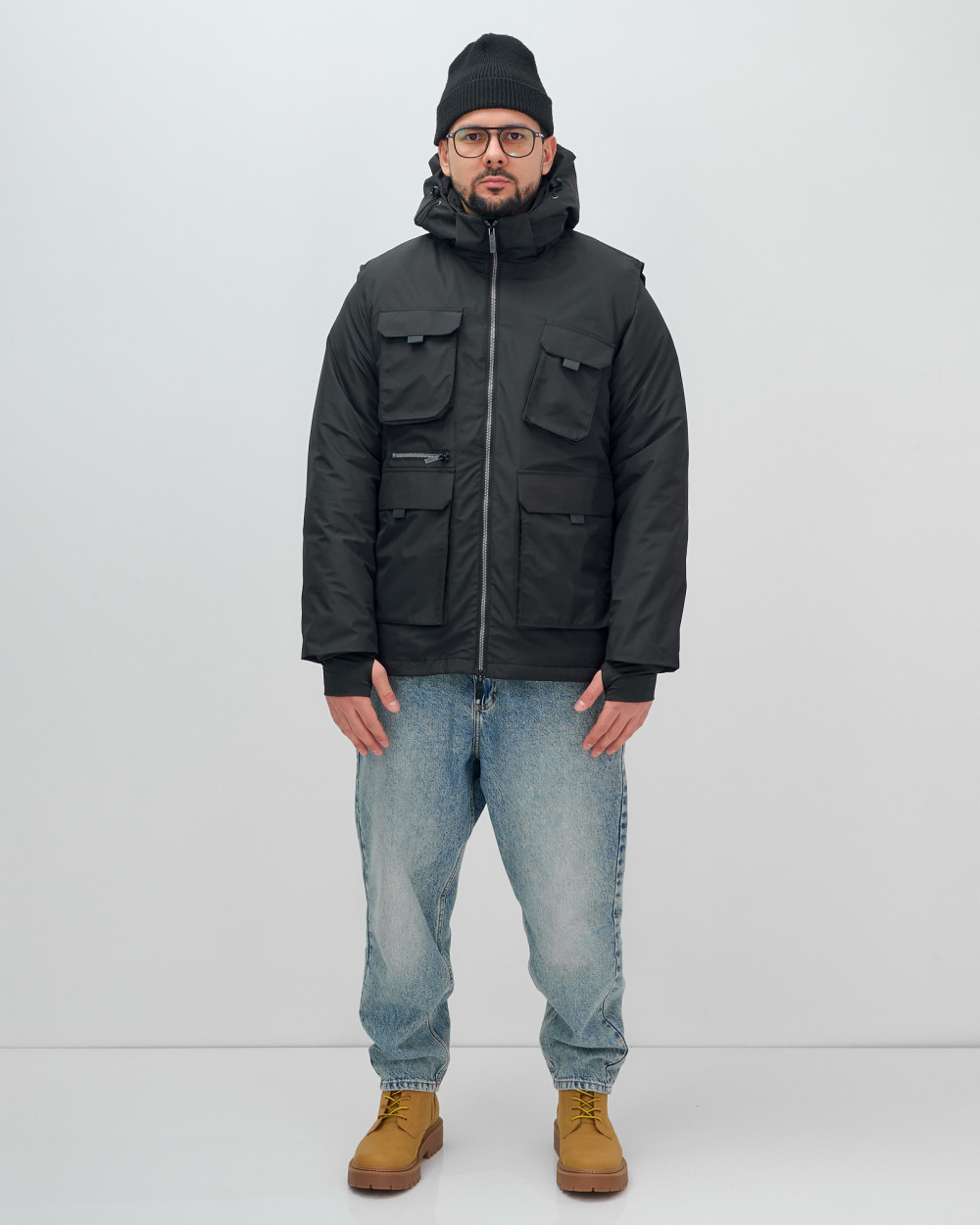 Куртка - жилетка трансформер 2 в 1 мужская зимняя черного цвета 2409Ch