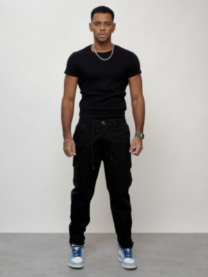 Джинсы карго мужские с накладными карманами черного цвета 2418Ch