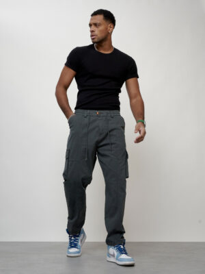 Джинсы карго мужские с накладными карманами темно-серого цвета 2418TC