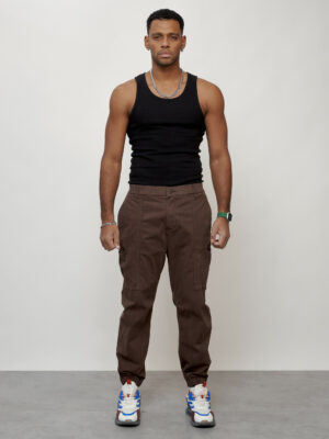 Джинсы карго мужские с накладными карманами коричневого цвета 2419K