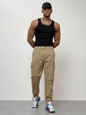 Джинсы карго мужские с накладными карманами бежевого цвета 2422B