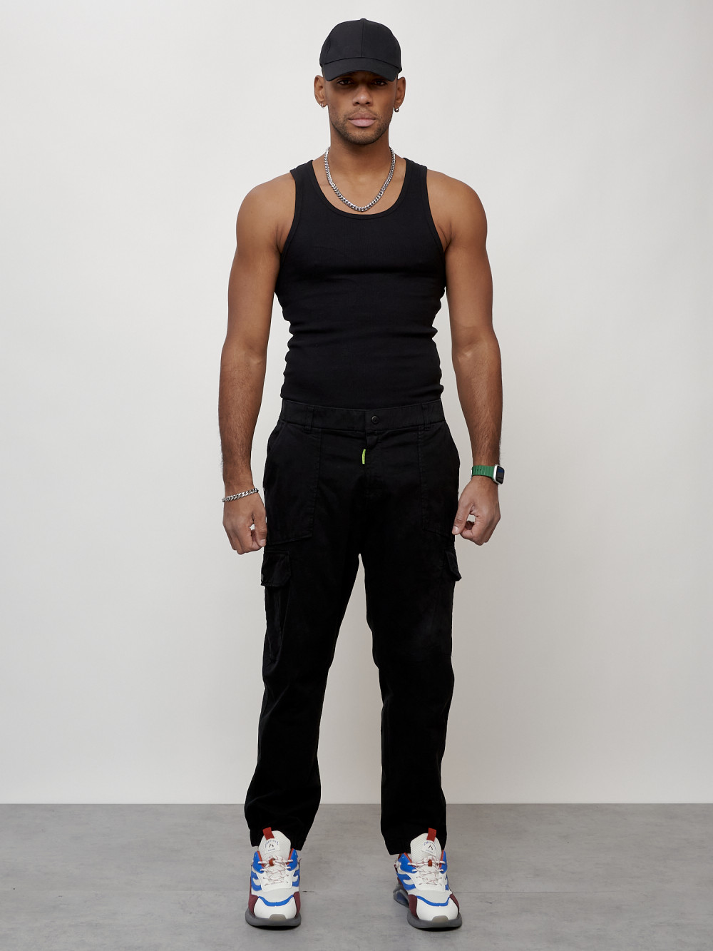 Джинсы карго мужские с накладными карманами черного цвета 2422Ch