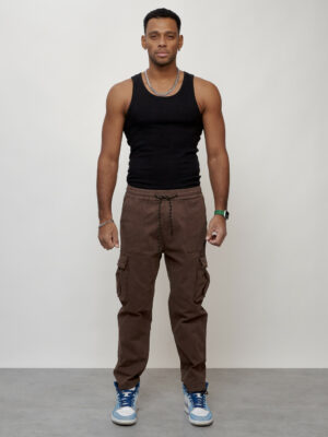 Джинсы карго мужские с накладными карманами коричневого цвета 2424K