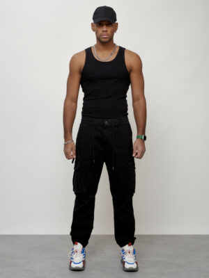 Джинсы карго мужские с накладными карманами черного цвета 2428Ch