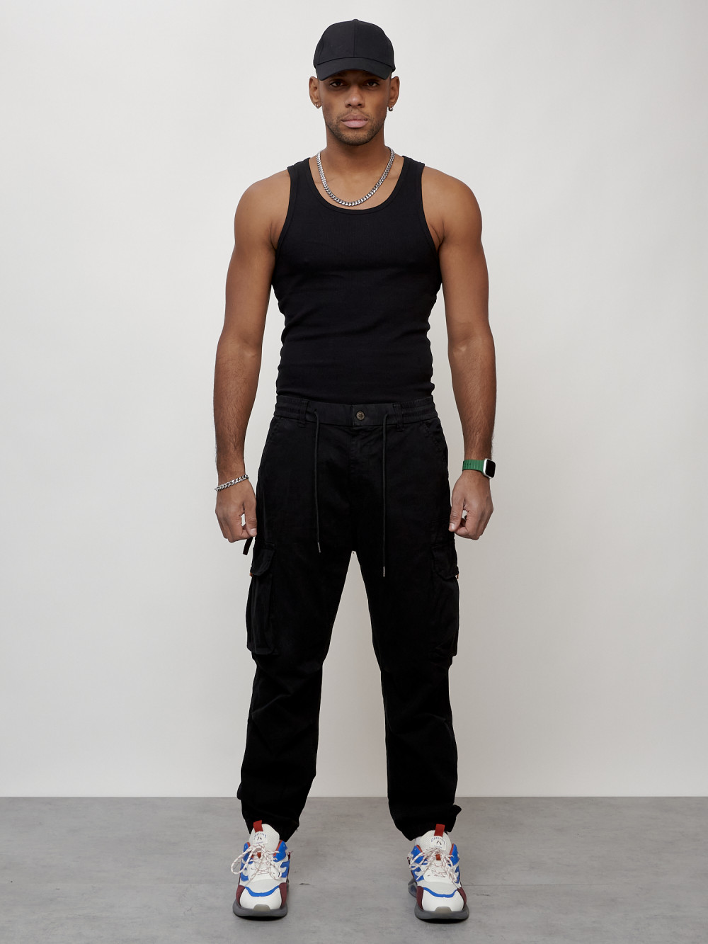 Джинсы карго мужские с накладными карманами черного цвета 2428Ch