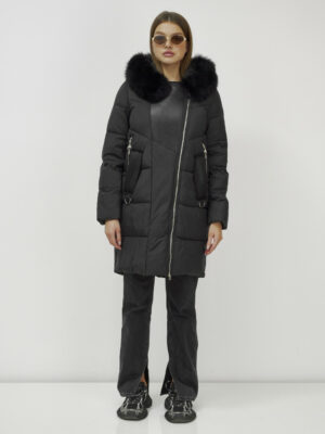 Куртка женская зимняя с мехом енот премиум класса черного цвета 3132Ch