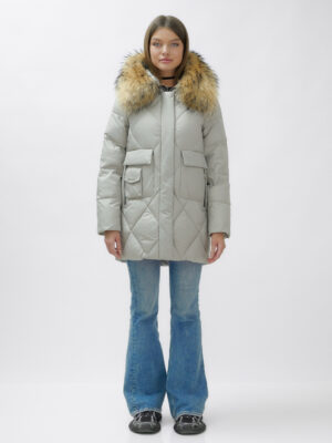 Куртка женская зимняя с мехом енот премиум класса серого цвета 3141Sr