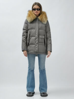 Куртка женская зимняя с мехом енот премиум класса серого цвета 3215Sr