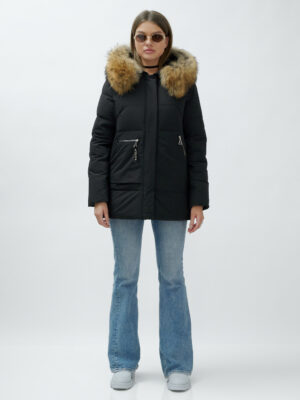 Куртка женская зимняя с мехом енот премиум класса черного цвета 3322_1Ch