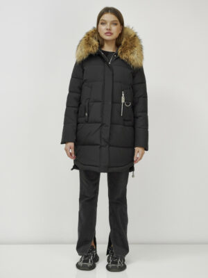 Куртка женская зимняя с мехом енот премиум класса черного цвета 386Ch
