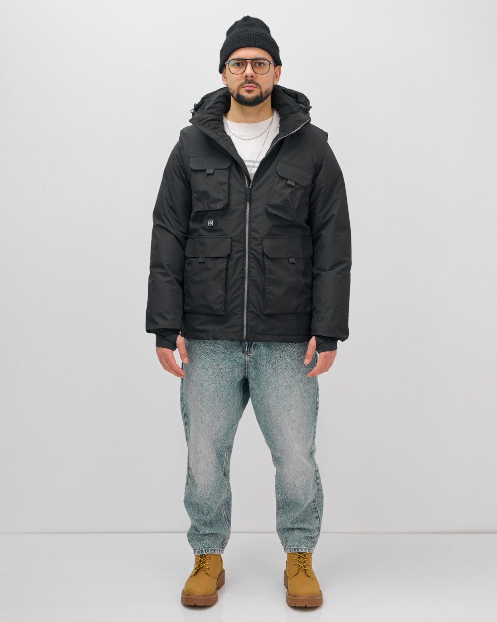 Куртка - жилетка трансформер с подогревом 2 в 1 мужская зимняя черного цвета 6668Ch