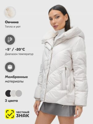 Куртка зимняя женская из овчина стильная и модная бежевого цвета 7348B