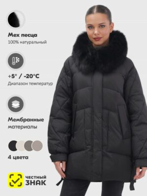 Куртка зимняя женская с мехом и капюшоном тренд черного цвета 7608Ch