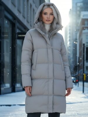 Пальто зимнее утепленное с капюшоном женское бежевого цвета 7618B