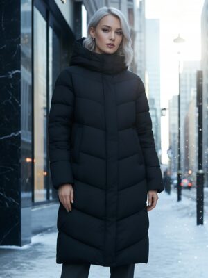 Пальто зимнее утепленное с капюшоном женское черного цвета 7623Ch