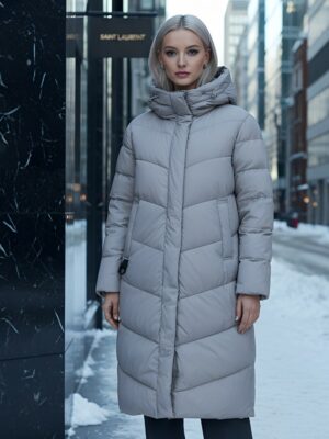 Пальто зимнее утепленное с капюшоном женское серого цвета 7623Sr