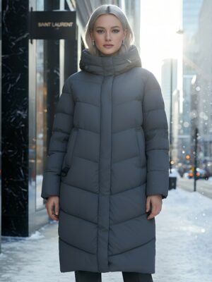 Пальто зимнее утепленное с капюшоном женское темно-серого цвета 7623TC