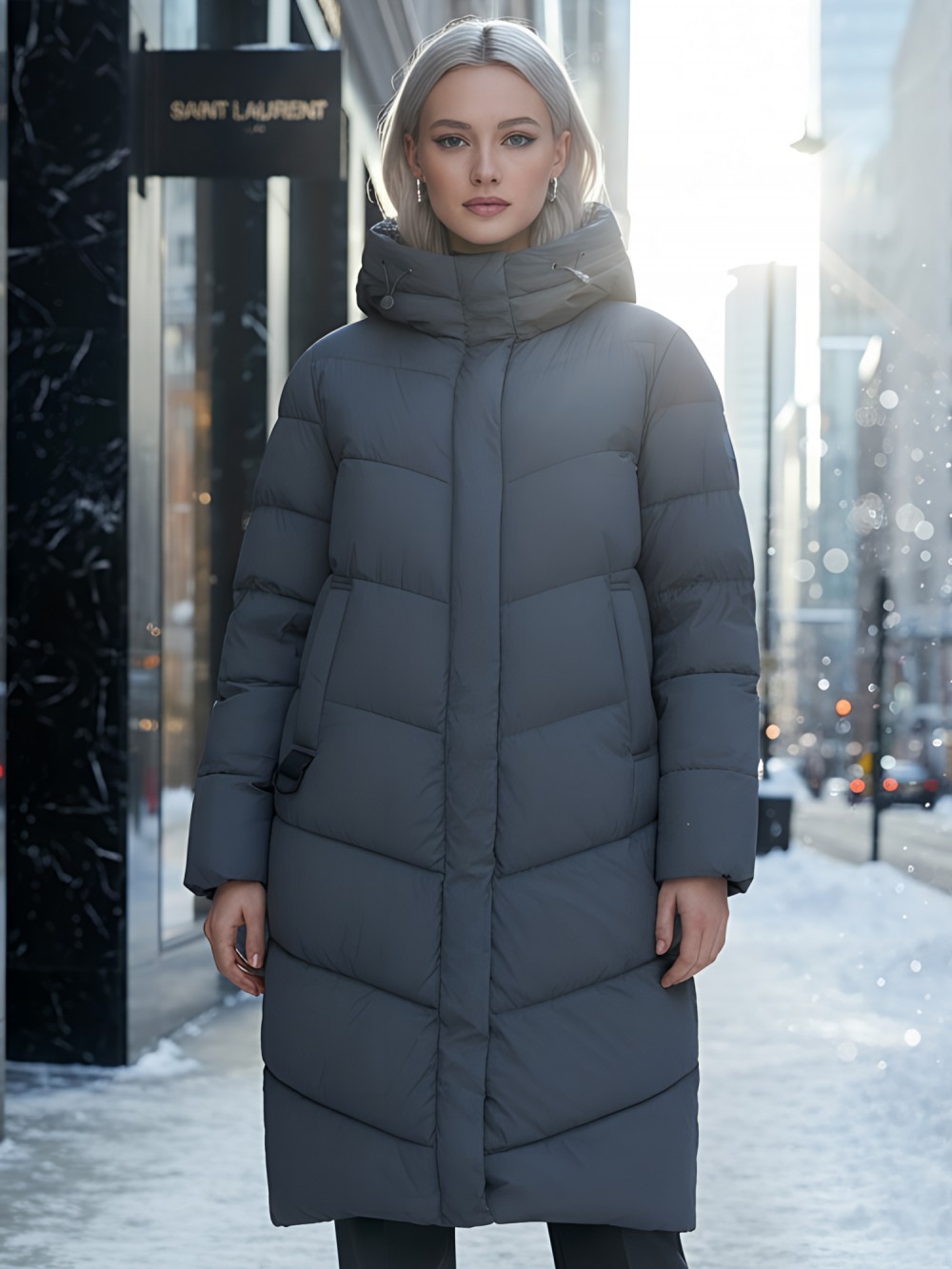 Пальто зимнее утепленное с капюшоном женское темно-серого цвета 7623TC