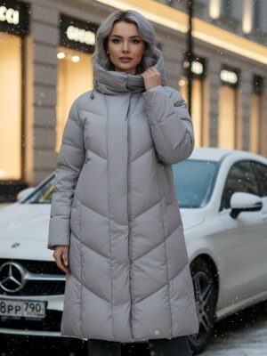 Пальто зимнее утепленное с капюшоном женское серого цвета 7628Sr