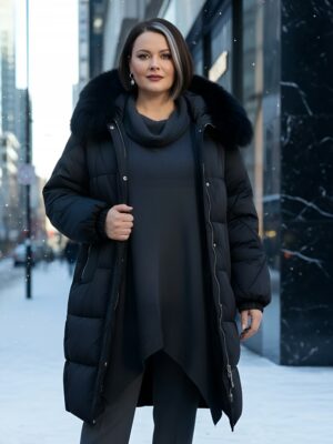 Пальто зимнее утепленное с мехом и капюшоном тренд черного цвета 7629Ch