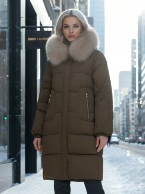 Пальто зимнее утепленное с мехом и капюшоном тренд горчичного цвета 7629G