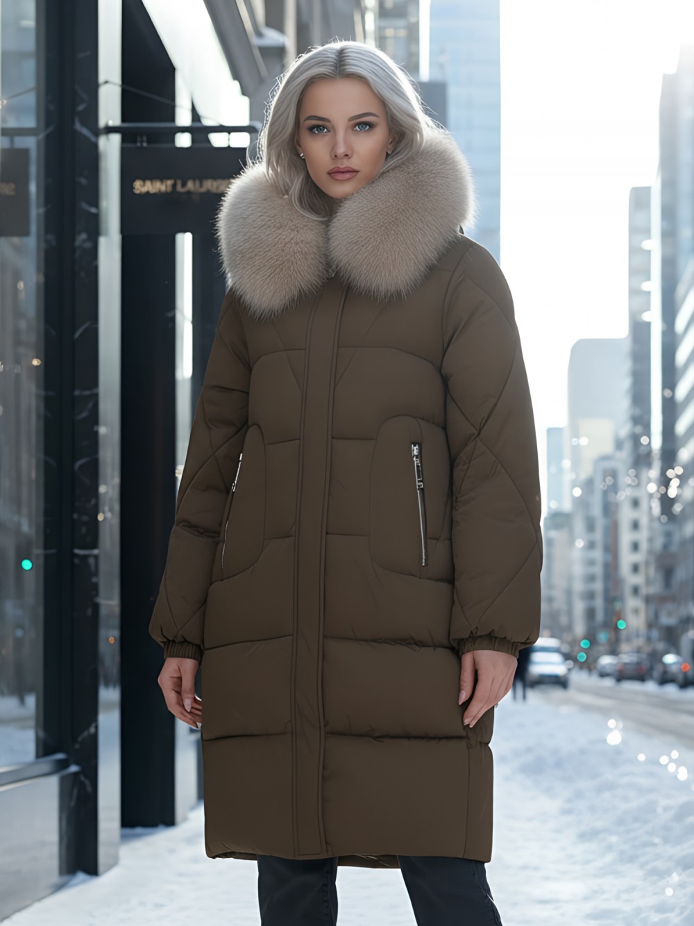 Пальто зимнее утепленное с мехом и капюшоном тренд горчичного цвета 7629G