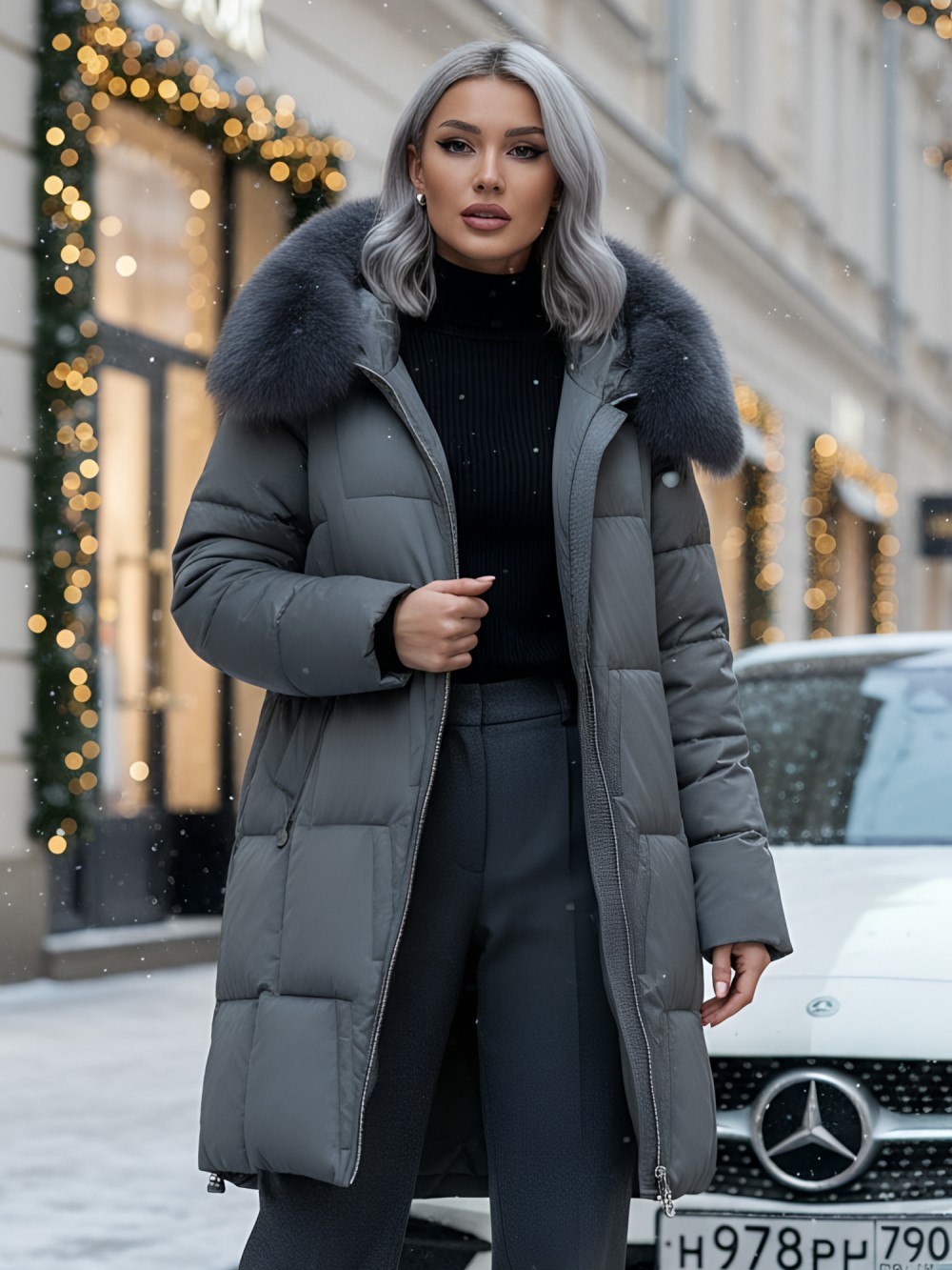 Пальто зимнее утепленное с мехом и капюшоном тренд темно-зеленого цвета 7630TZ