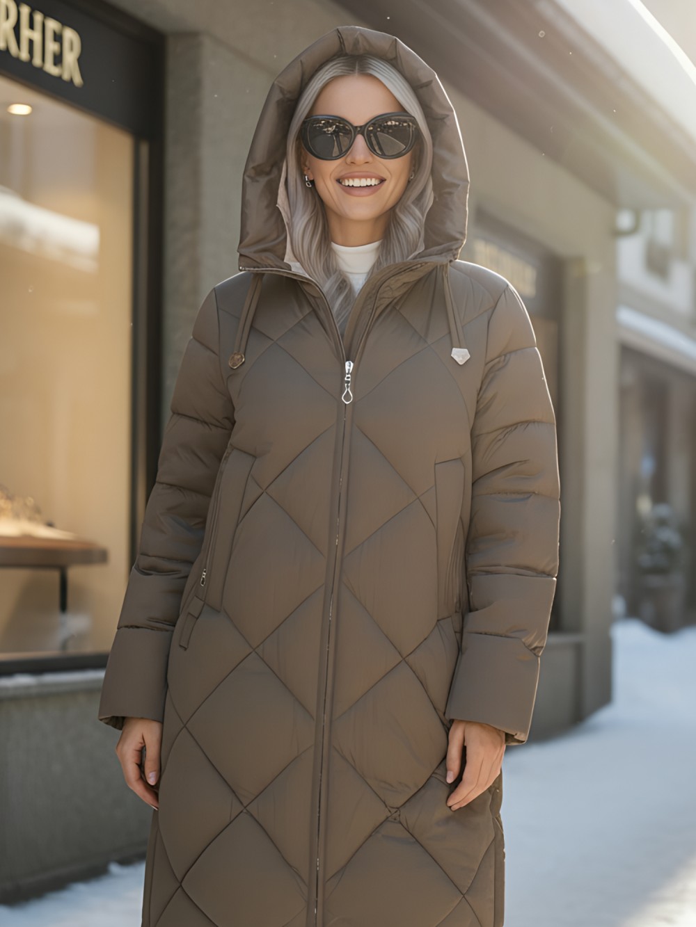 Пальто зимнее утепленное с капюшоном женское коричневого цвета 7637K