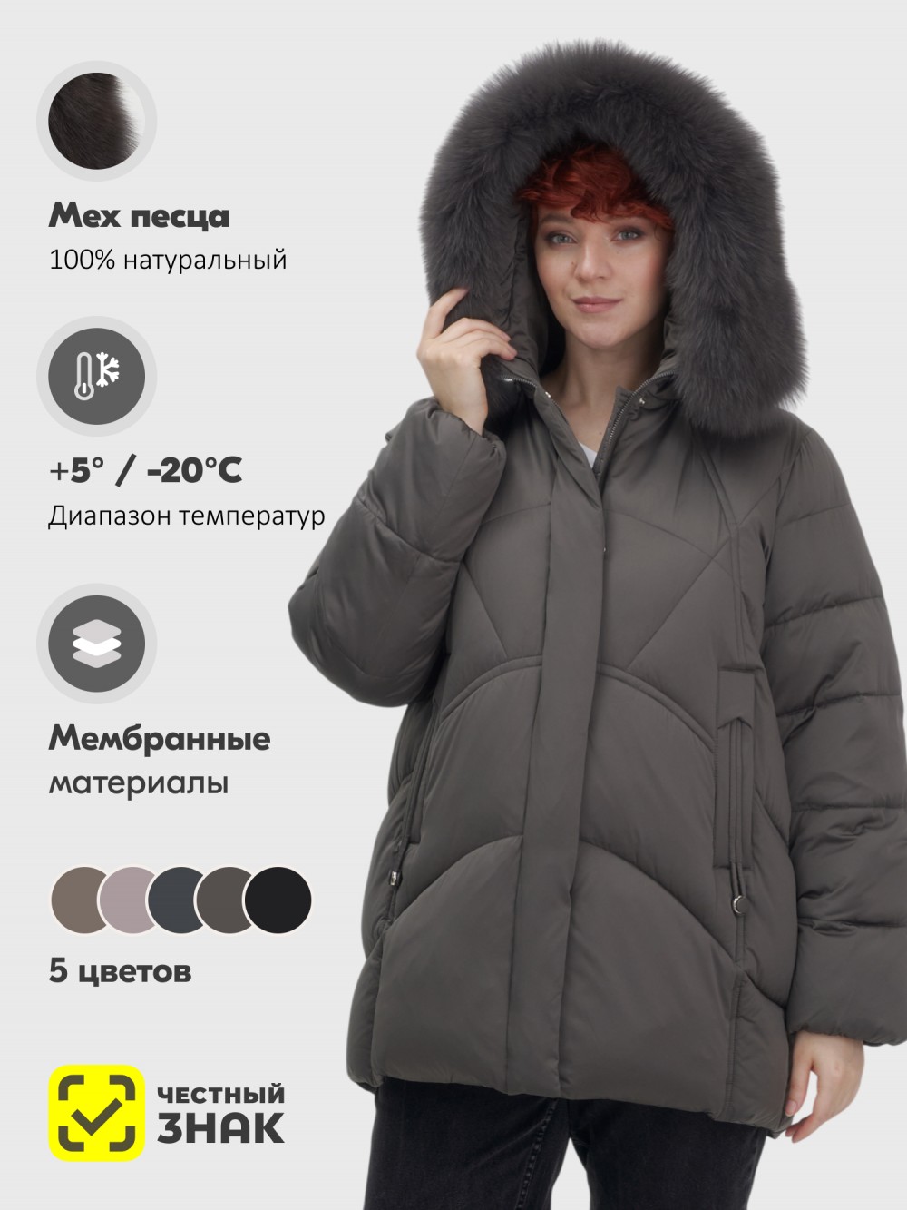 Куртка зимняя женская с мехом и капюшоном тренд темно-серого цвета 7656TC