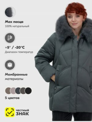 Куртка зимняя женская с мехом и капюшоном тренд темно-зеленого цвета 7656TZ