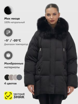 Куртка зимняя женская с мехом и капюшоном тренд черного цвета 7660Ch