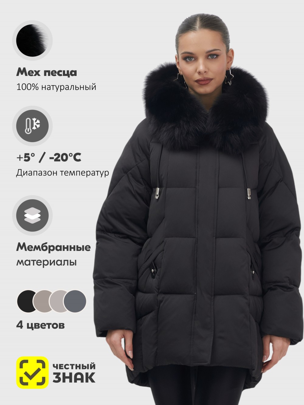 Куртка зимняя женская с мехом и капюшоном тренд черного цвета 7660Ch