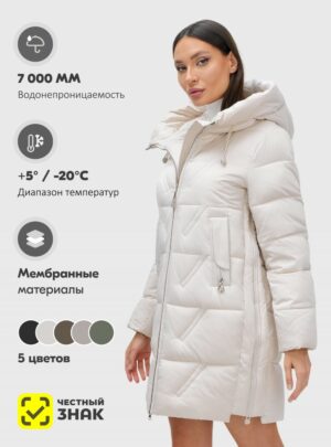 Куртка зимняя женская классическая с капюшоном бежевого цвета 7671B