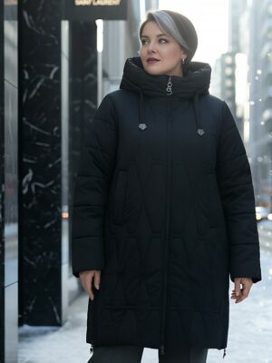 Пальто зимнее утепленное женское большого размера черного цвета 7699Ch