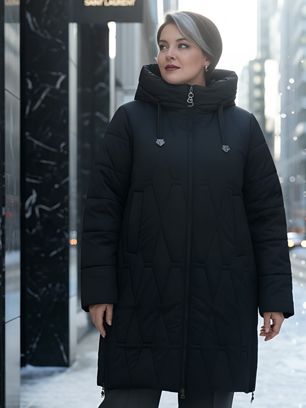Пальто зимнее утепленное женское большого размера черного цвета 7699Ch