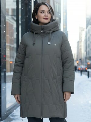 Пальто зимнее утепленное женское большого размера коричневого цвета 7699K