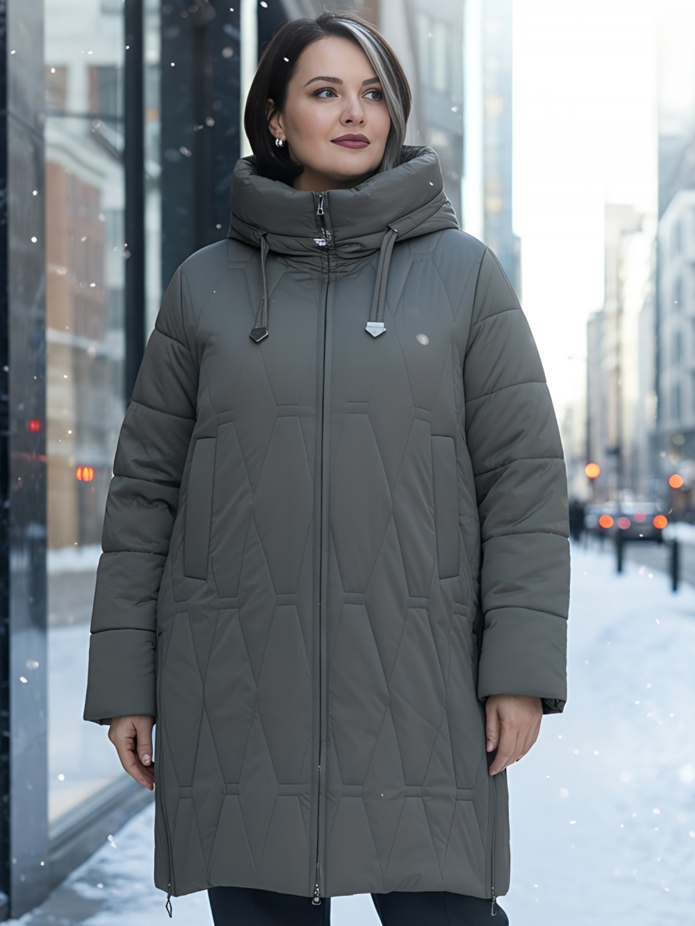 Пальто зимнее утепленное женское большого размера коричневого цвета 7699K