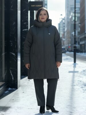 Пальто зимнее утепленное женское большого размера темно-серого цвета 7699TC