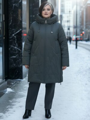 Пальто зимнее утепленное женское большого размера зеленого цвета 7699Z