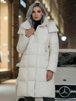 Пальто зимнее утепленное с капюшоном женское бежевого цвета 7700B