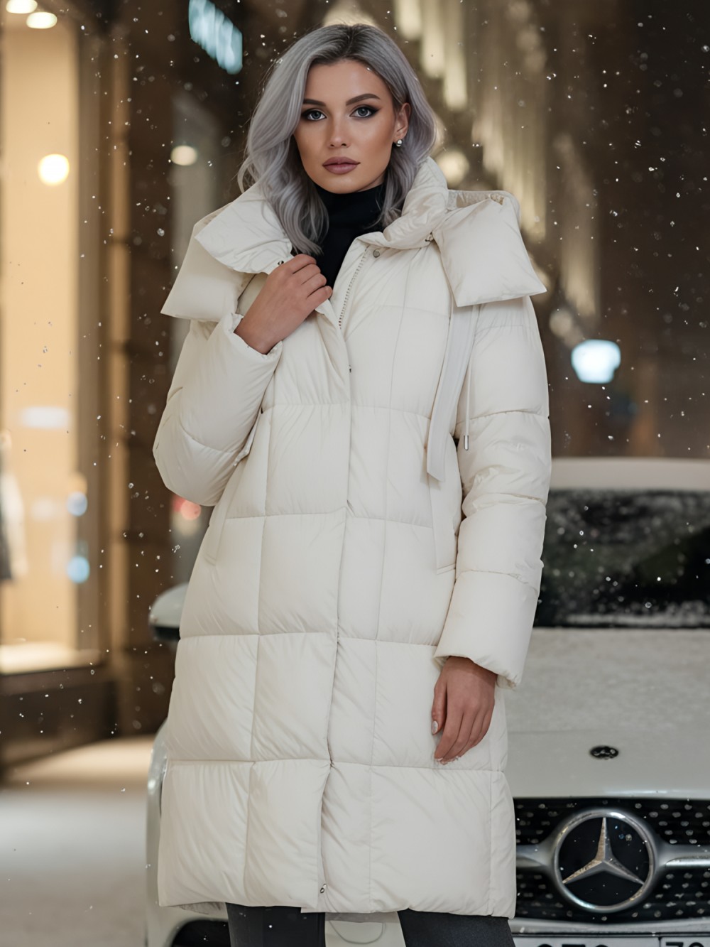 Пальто зимнее утепленное с капюшоном женское бежевого цвета 7700B