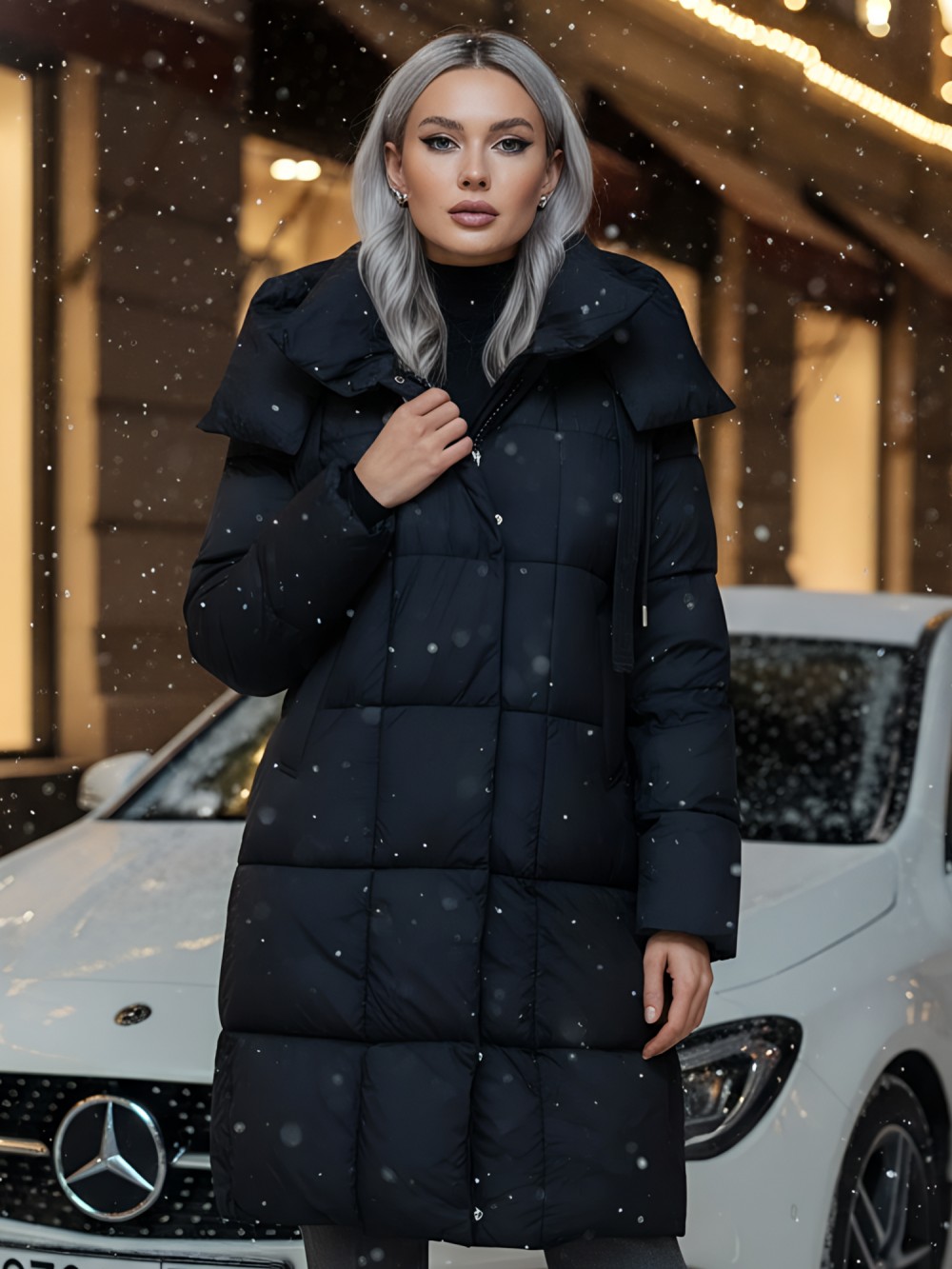 Пальто зимнее утепленное с капюшоном женское черного цвета 7700Ch