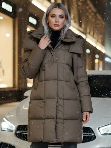 Пальто зимнее утепленное с капюшоном женское коричневого цвета 7700K