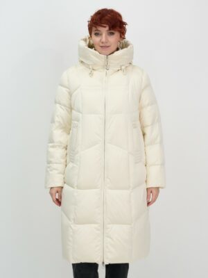 Пальто зимнее утепленное с капюшоном женское бежевого цвета 7702B