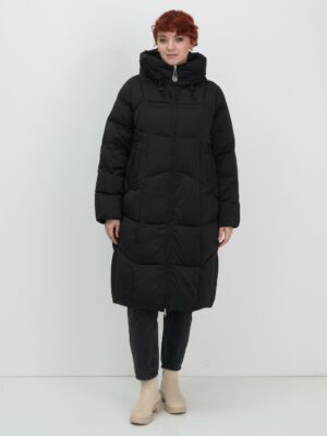 Пальто зимнее утепленное с капюшоном женское черного цвета 7702Ch