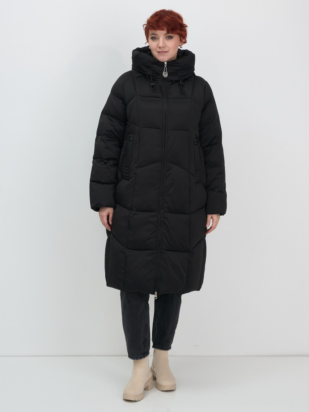 Пальто зимнее утепленное с капюшоном женское черного цвета 7702Ch