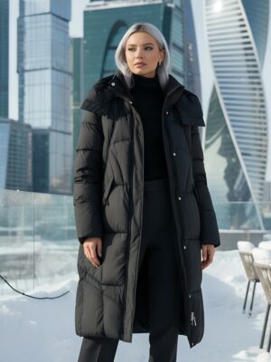 Пальто зимнее утепленное с капюшоном женское черного цвета 7709Ch