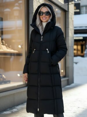 Пальто зимнее утепленное с капюшоном женское черного цвета 7729Ch