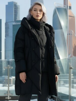 Пальто двубортная зимнее утепленное женское черного цвета 7732Ch